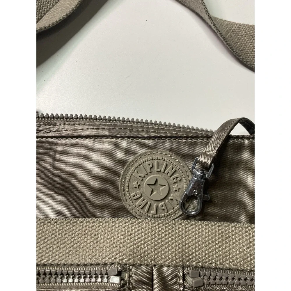 Kipling Metallic Bronze Nylon Crossbody Bag with Monkey Keychain Travel Purse